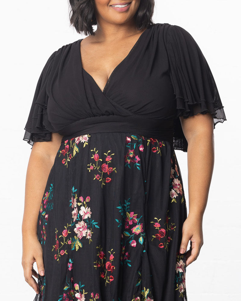 Kiyonna Plus Size Lillian Embroidered Mesh Midi Cocktail Dress