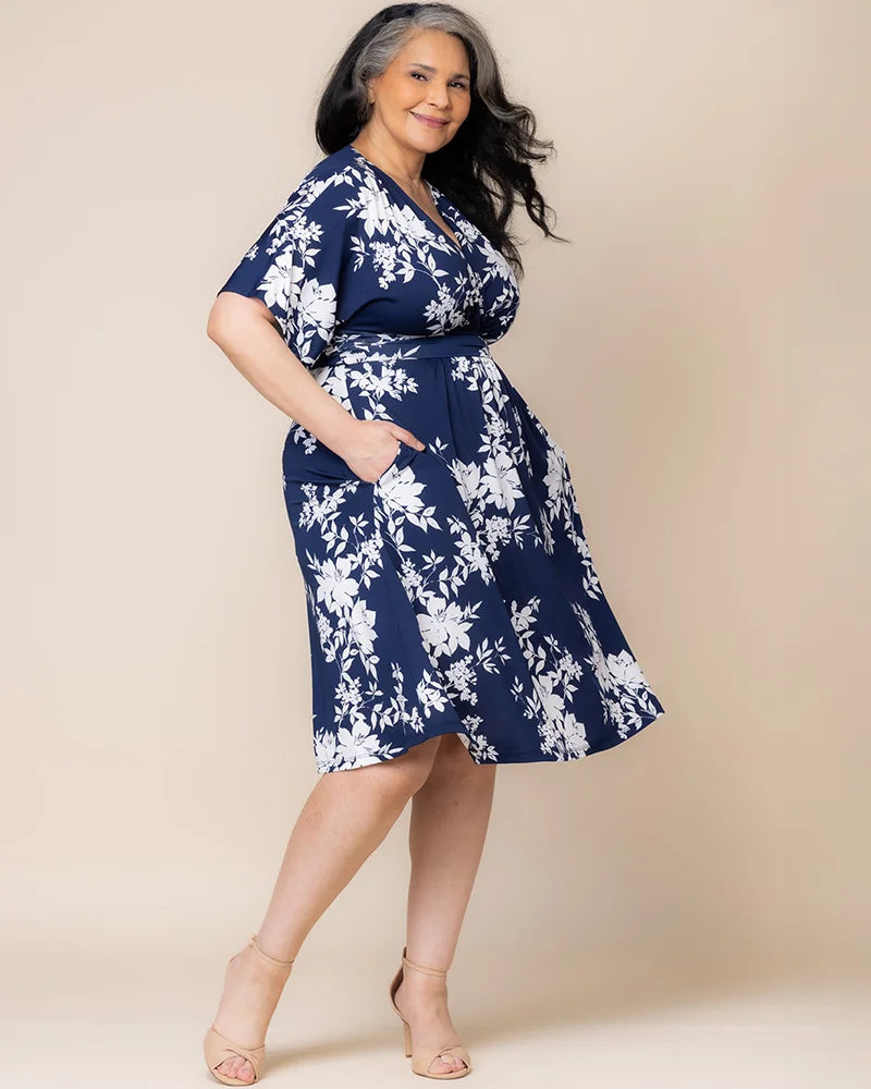 Kiyonna Plus Size Gia A-Line Midi Dress with Pockets - Navy Floral Print
