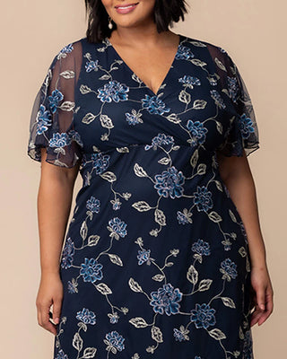 Sonnet Embroidered Midi Cocktail Dress in Navy Blue Blooms