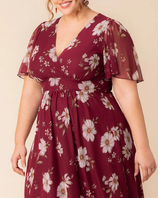 Margot Mesh Midi Cocktail Dress in Raspberry Floral Print
