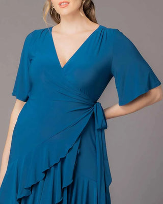 Kiyonna Plus Size Miranda Ruffle Wrap Dress - Aegean Blue