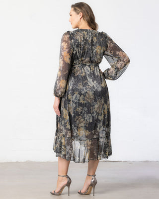 Clara Sparkling Long Sleeve Wrap Dress in Gilded Florals