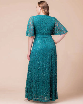 Luminous Sequin Lace Long Gown in Teal Topaz