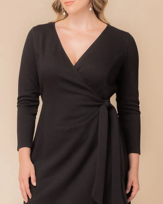 London Sweater Knit Wrap Dress in Black Noir