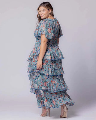 Tour de Flounce Chiffon Evening Gown in Blue Garden Print