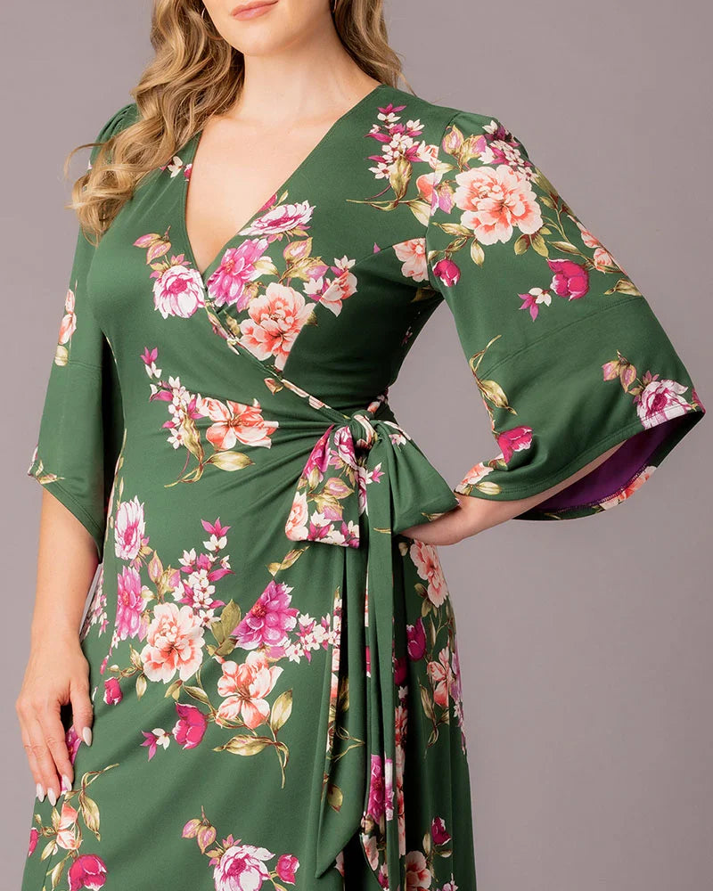 Plus Size Gemini Midi Wrap Dress with Sleeves - Kiyonna Plus Size Gemini Midi Wrap Dress with Sleeves - Kiyonna