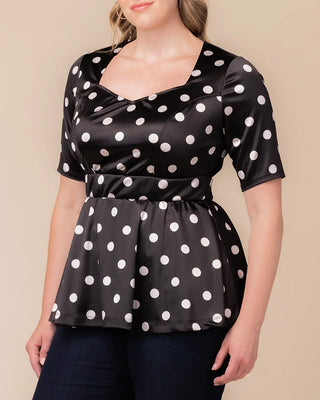 Posh Peplum Top in Black Polka Dot