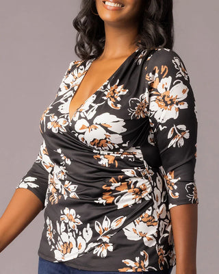 Femme Fatale Faux Wrap Top in Black Scattered Blooms