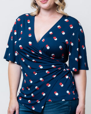 Stella Faux Wrap Top in Navy Dot Duo