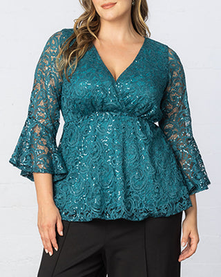Sequin Sparkle Bell Sleeve Lace Top in Teal Topaz