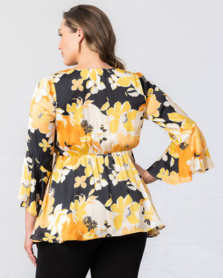 Honey Satin Bell Sleeve Top  in Sunset Blooms