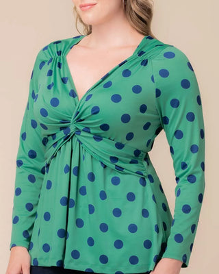 Abigail Long Sleeve Twist Top in Green Polka Dot