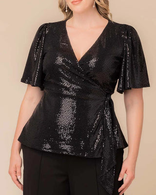 Shimmering Sequin Wrap Top in Onyx