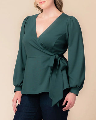 Natasha Long Sleeve Wrap Top in Hunter Green