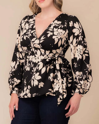Natasha Long Sleeve Wrap Top in Vintage Ivory Florals