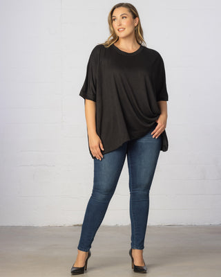 Mid-Length Sleeve Asymmetrical Cape Top in Black