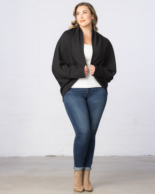 Dolman-Sleeved Shawl Cardigan with Thumbholes in Black