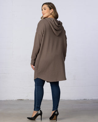 Open Front Longline Hooded Cardigan in Cocoa