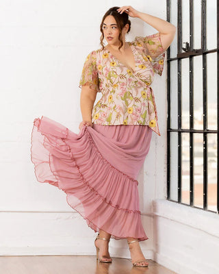 Isla Tiered Mesh Maxi Skirt in Rose Quartz