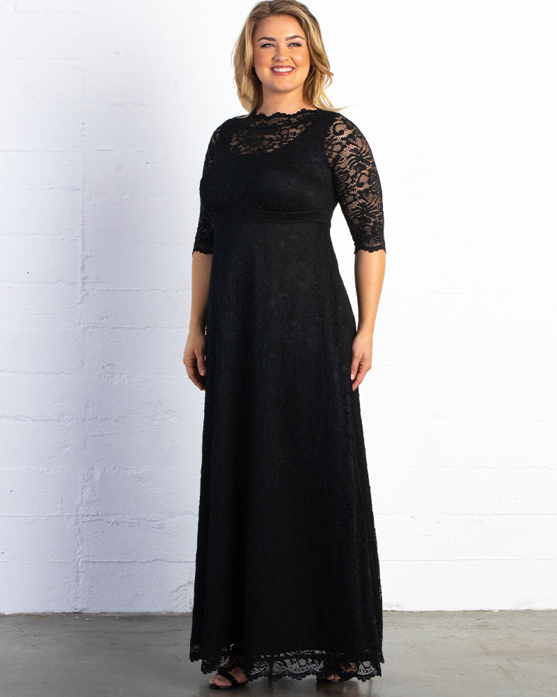 kiyonna black lace dress Kiyonna Women's Scalloped Ruched Elastic Waist Lace Dress, Black, 0X / 10-12 US