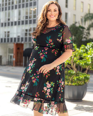 Wildflower Embroidered Dress in Onyx Blooms