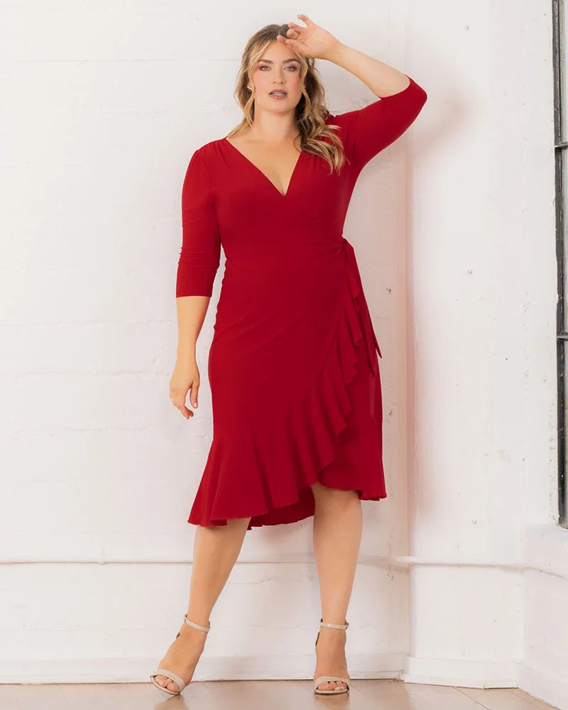 Kiyonna Plus Size Whimsy Ruffled Midi Wrap Dress