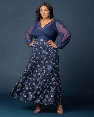 Isabella Embroidered Mesh Gown in Navy Blue Blooms