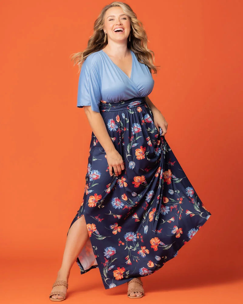 floral print maxi dress plus size Grace & Grandeur Women's Plus Size Short Sleeves Square Neck Smocked Boho Floral Maxi Dresses 4X Navy Blue, Size: 4XL, Yellow