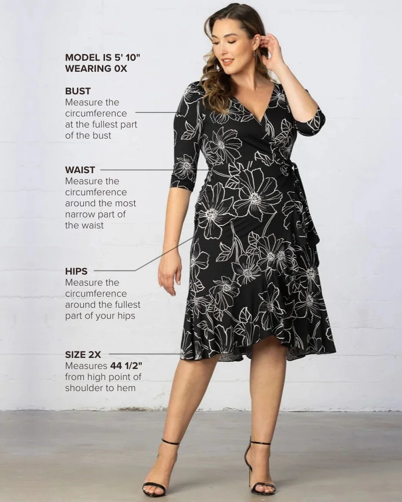 Flirty Flounce Wrap Dress - Plus Black Florals / 2X Flirty Flounce Wrap Dress - Plus Black Florals / 2X