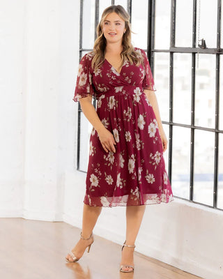 Margot Mesh Midi Cocktail Dress in Raspberry Floral Print