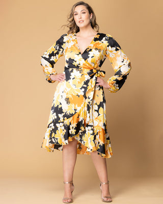Serena Satin Ruffle Wrap Dress  in Sunset Blooms