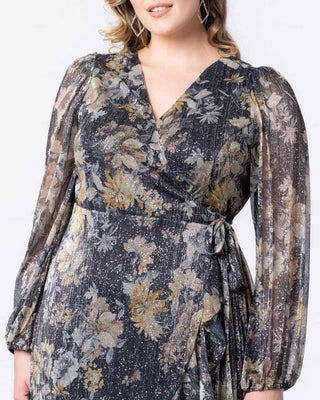 Clara Sparkling Long Sleeve Wrap Dress in Gilded Florals