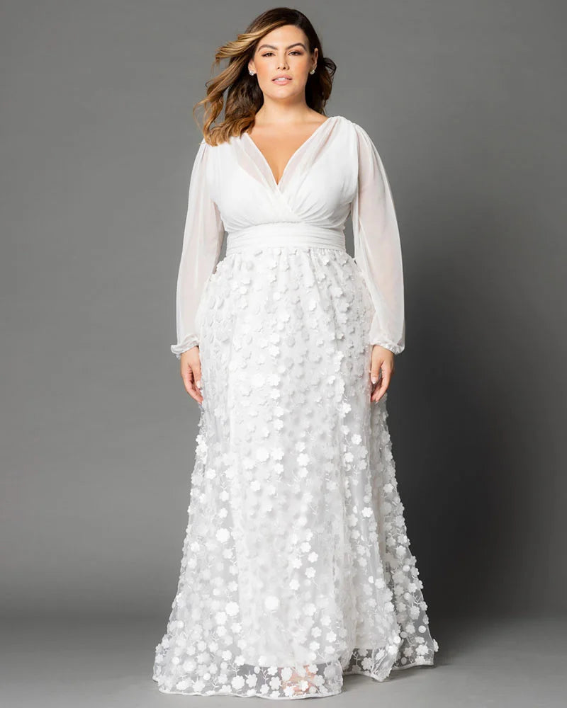 Kiyonna Plus Size Enchanted Garden Long Sleeve Wedding Gown - Ivory Blossoms Kiyonna Plus Size Enchanted Garden Long Sleeve Wedding Gown - Ivory Blossoms