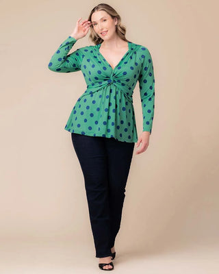 Abigail Long Sleeve Twist Top in Green Polka Dot