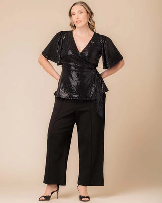 Shimmering Sequin Wrap Top in Onyx