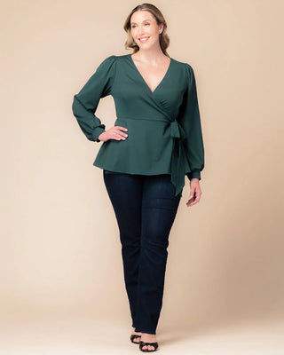 Natasha Long Sleeve Wrap Top in Hunter Green