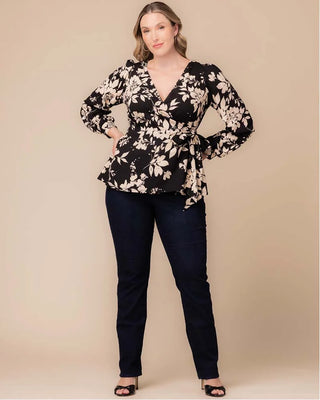 Natasha Long Sleeve Wrap Top in Vintage Ivory Florals