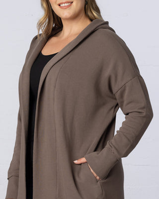 Open Front Longline Hooded Cardigan in Cocoa