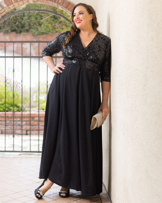 Paris Pleated Sequin Gown in Onyx