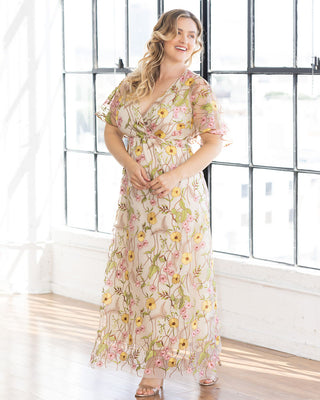 Embroidered Elegance Evening Gown in Sunkissed Garden Print