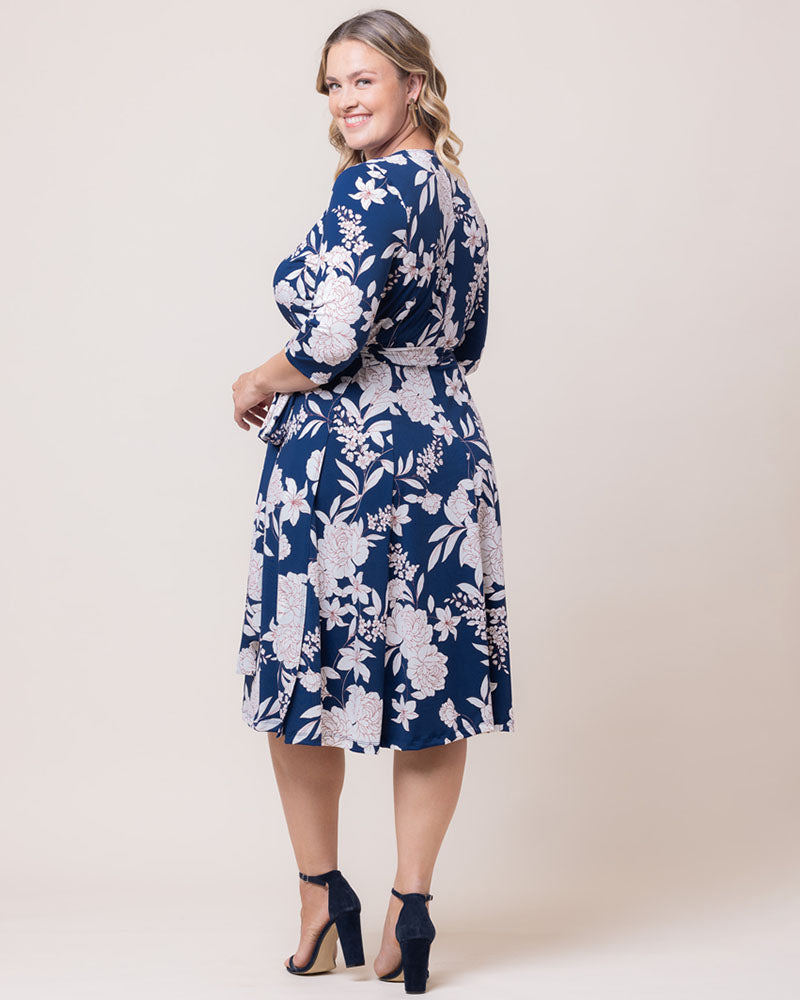 Plus Size Signature Print Wrap Around Dress with Sleeves | Wedding Guest, Cocktail, Casual Office | Blue Pink Floral