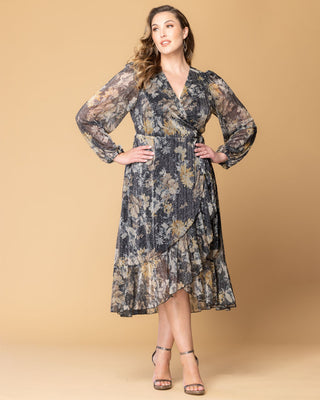 Clara Sparkling Long Sleeve Wrap Dress in Gilded Florals