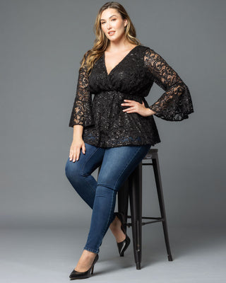 Sequin Sparkle Bell Sleeve Lace Top in Onyx