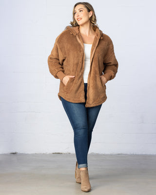 Sherpa Oversized Zip-Up Hooded Jacket in Cocoa