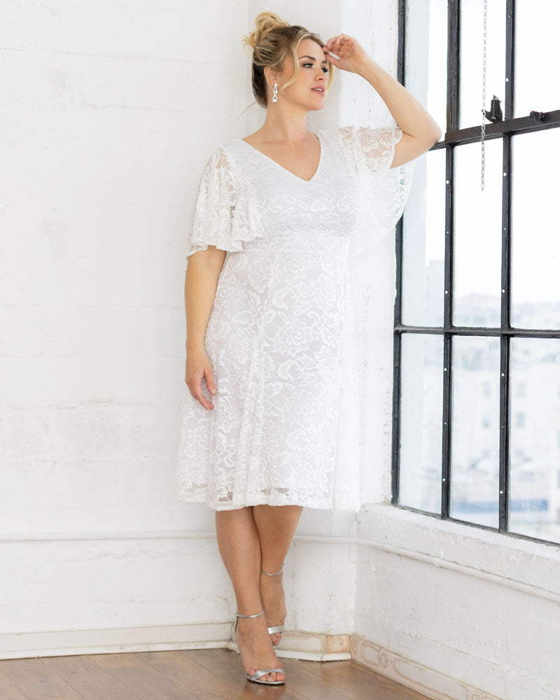 Kiyonna Plus Size Genevieve Lace Flutter Sleeve Midi Dress - Pearl Kiyonna Plus Size Genevieve Lace Flutter Sleeve Midi Dress - Pearl