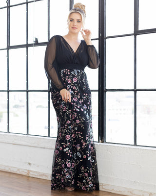 Isabella Embroidered Mesh Gown in Moonlit Garden