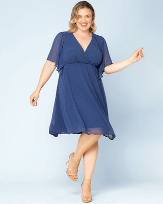 Florence Flutter Sleeve Dress - in Denim Blue Dot