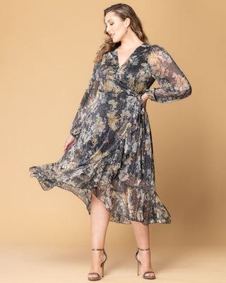 Clara Sparkling Long Sleeve Wrap Dress in Gilded Florals