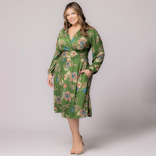 Diana Long Sleeve Midi Dress in Olive Floral Print