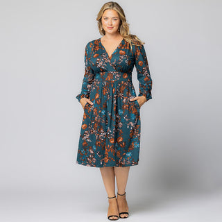 Diana Long Sleeve Midi Dress in Teal Blue Asters